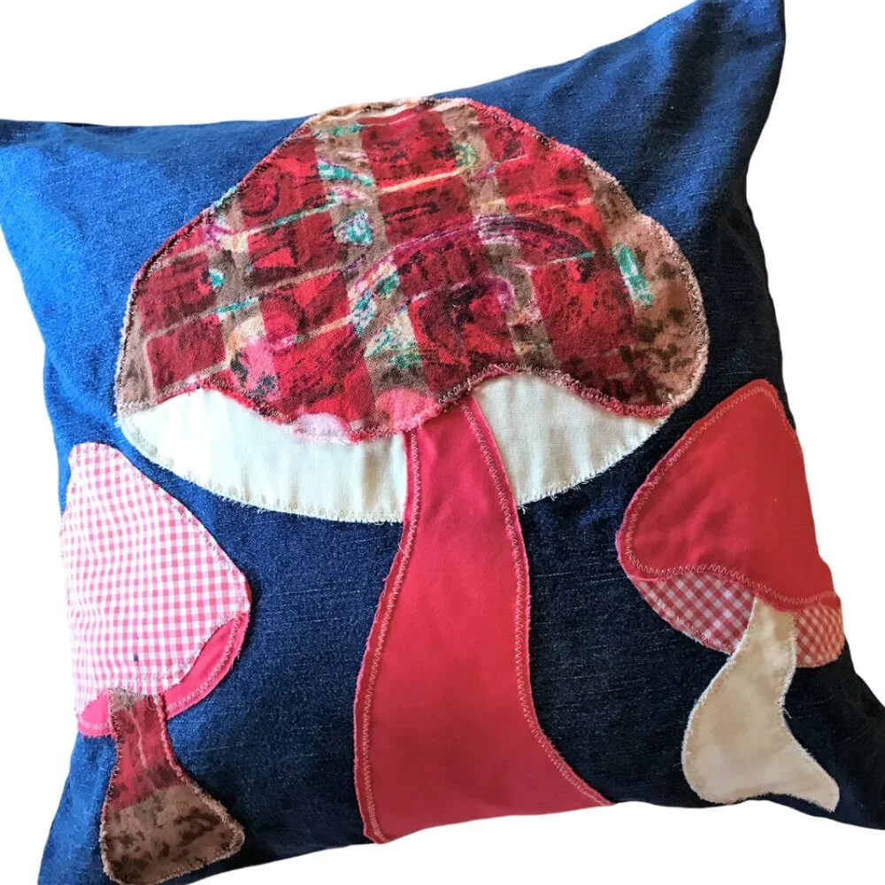 Mushroom Pillow Cover, Handmade 18 x 18 Whimsical Cottagecore Recycled Denim